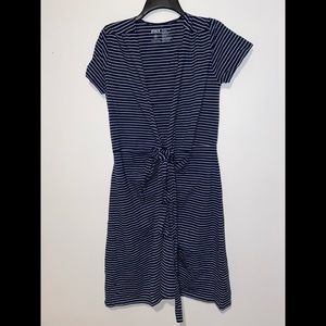 Navy blue tie front organic dress with stripes